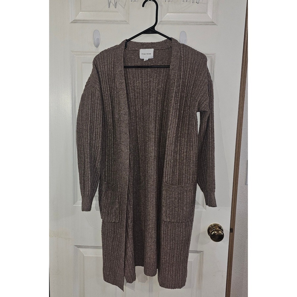 Pink Rose Womens Taupe Brown Ribbed Knit Longline Open Front Cardigan Sweater M